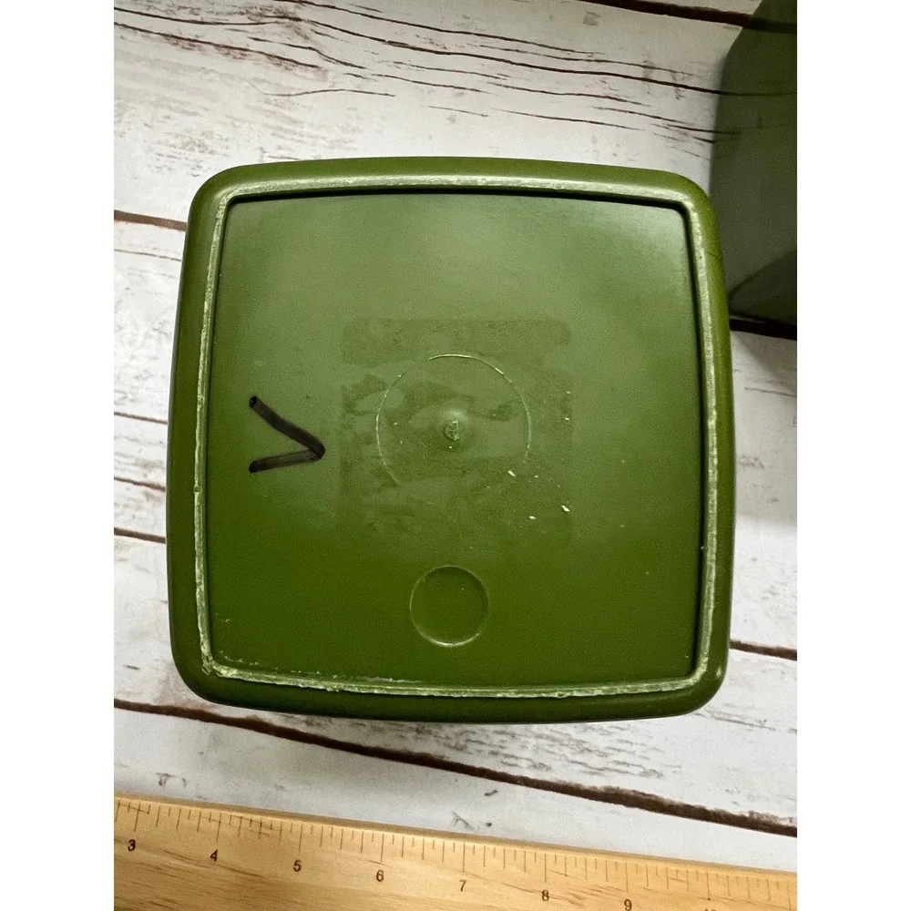 Vintage Plastic Floral Canister Set Avocado Green Retro Daisy 70s Kitchen 2pc